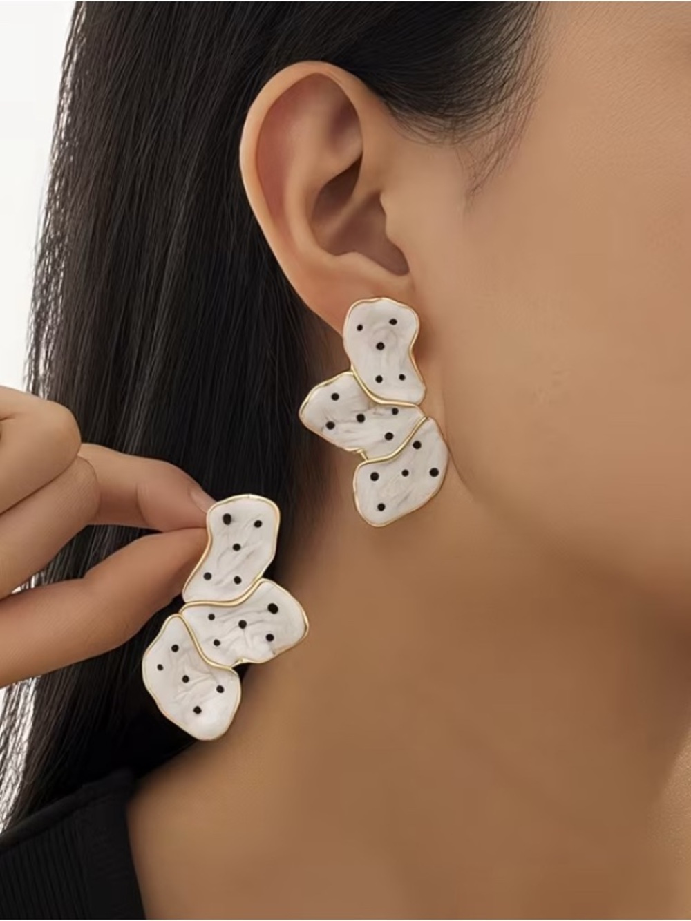 White Enamel Petal Drop Earrings with Gold Trim